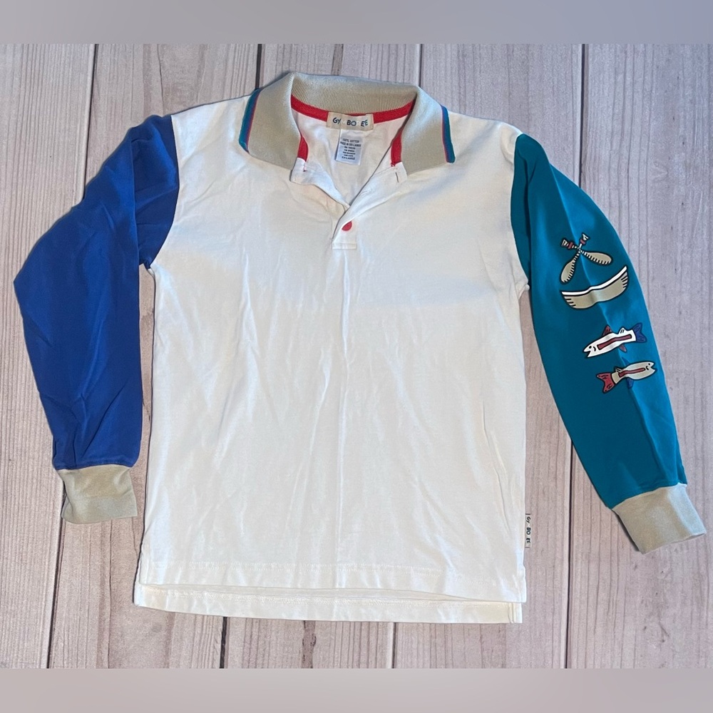 Vintage Gymboree 90s Long Sleeve Polo Size XXL Row Boat & Fish On Sleeve